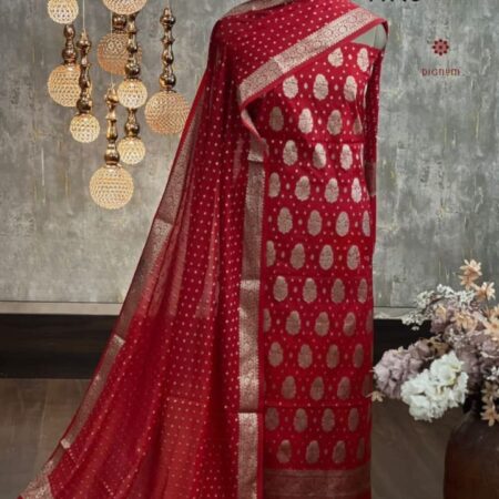Latest Design Carmine Red Banarasi Georgette Suit Set