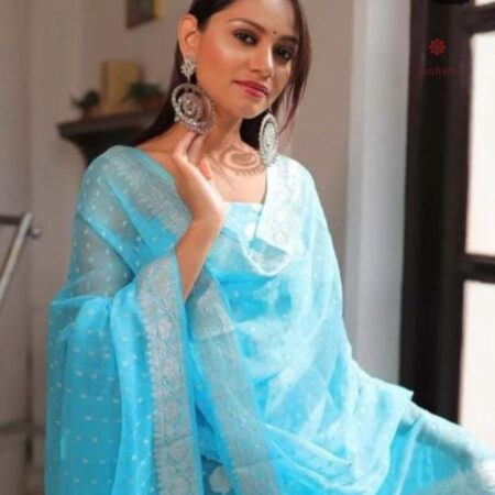 Latest Design Aqua Blue Banarasi Georgette Suit Set