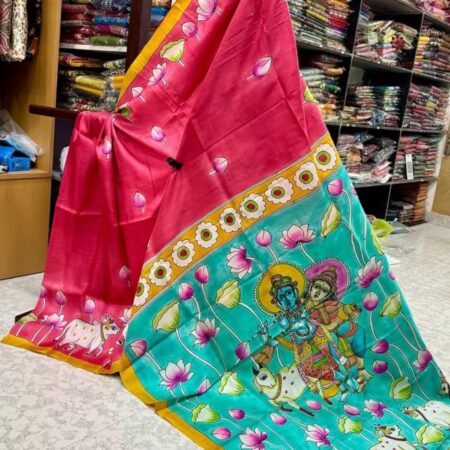 Latest Design Carmine Red Hand Painted Kalamkari Pure Silk Saree