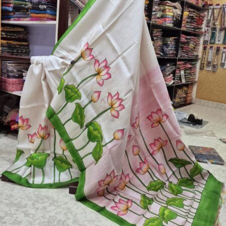 Latest Design Pearl White Hand Painted Kalamkari Pure Silk Saree