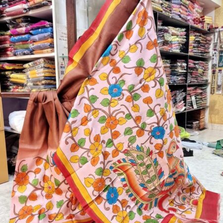 Latest Design Coral Brown Hand Painted Kalamkari Pure Silk Saree