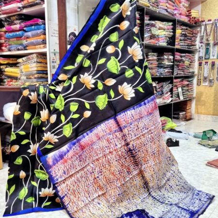 Latest Design Black Hand Painted Kalamkari Pure Silk Saree