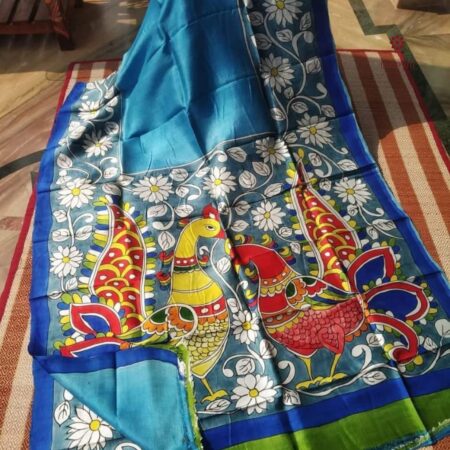 Latest Design Blue Hand Painted Kalamkari Pure Silk Saree