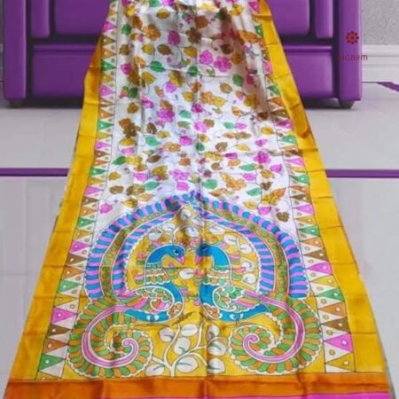 Latest Design White Floral Hand Painted Kalamkari Pure Silk Saree