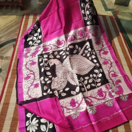 Latest Design Hot Pink Hand Painted Kalamkari Pure Silk Saree
