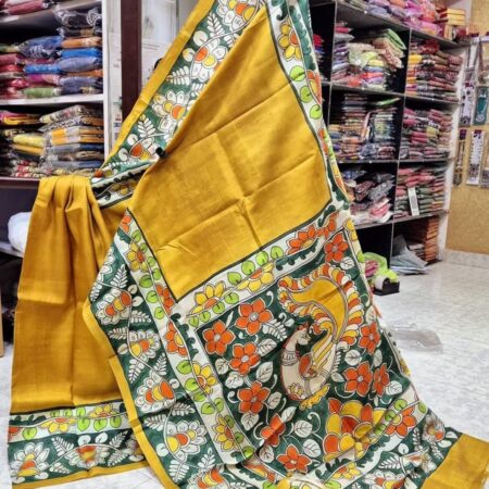 Latest Design Golden Yellow Hand Painted Kalamkari Pure Silk Saree