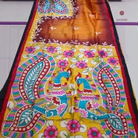 Latest Design Rust Orange Hand Painted Kalamkari Pure Silk Saree