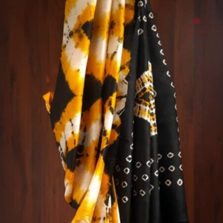 Latest Design Yellow Black Pure Silk Tie & Dye Hand Bandhani Saree