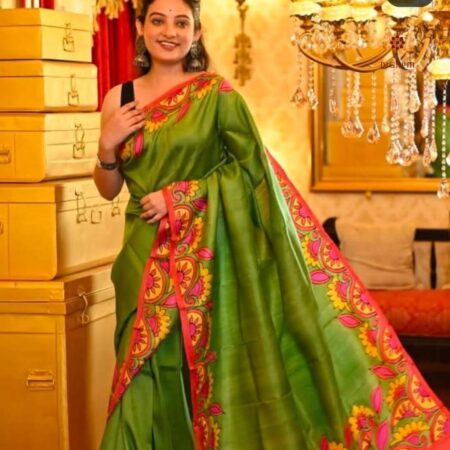 Latest Design Green Hand Painted Pure Silk Saree