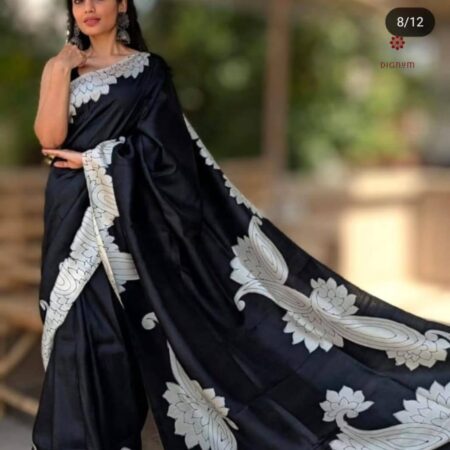 Latest Design Black Hand Painted Pure Silk Saree