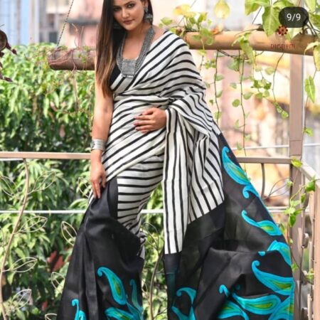 Latest Design White Black Stylish Hand Painted Pure Silk Saree