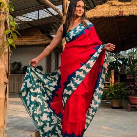 Latest Design Red White Hand Painted Pure Silk Saree