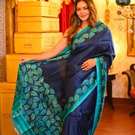 Latest Design Blue Hand Painted Pure Silk Saree