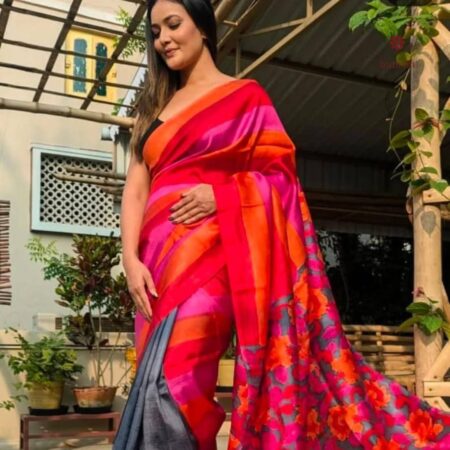 Latest Design Grey Orange Hand Painted Pure Silk Saree