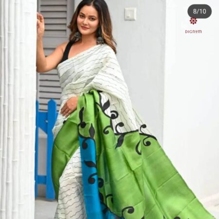 Latest Design White Stylish Hand Painted Pure Silk Saree