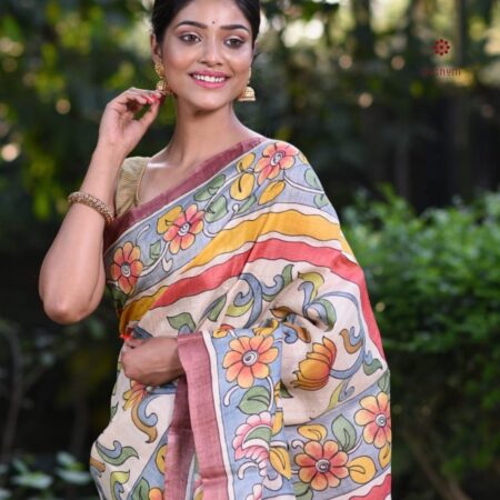 Latest Design Pearl White Hand Painted Kalamkari Pure Silk Saree