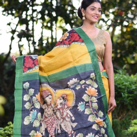 Latest Design Yellow Hand Painted Kalamkari Pure Silk Saree