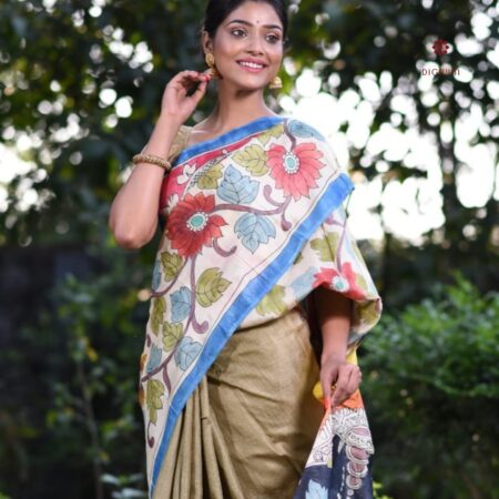 Latest Design Sand Brown Hand Painted Kalamkari Pure Silk Saree