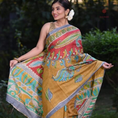 Latest Design Mustard Yellow Hand Painted Kalamkari Pure Silk Saree