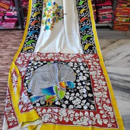 Latest Design White Hand Painted Kalamkari Pure Silk Saree
