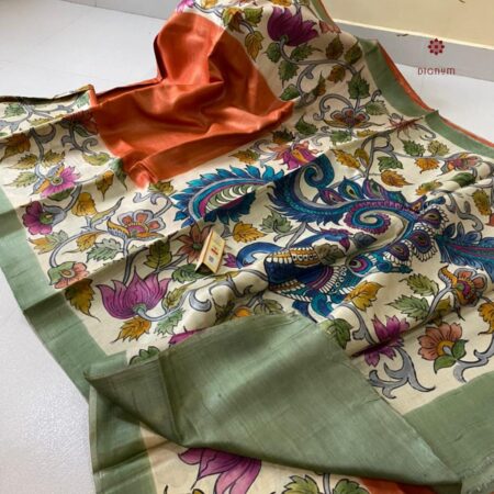 Latest Design Rust Orange Hand Painted Kalamkari Pure Silk Saree