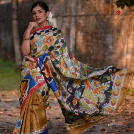 Latest Design Golden Yellow Hand Painted Kalamkari Pure Silk Saree