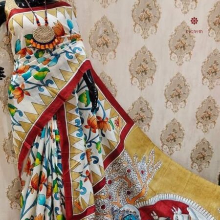 Latest Design Pure White Hand Painted Kalamkari Pure Silk Saree