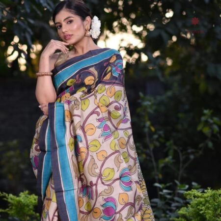 Latest Design Black Blue Hand Painted Kalamkari Pure Silk Saree