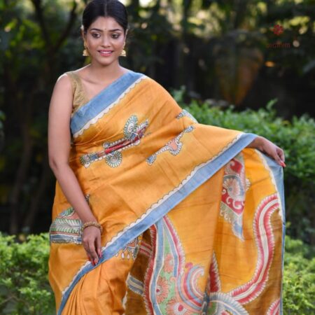 Latest Design Yellow Blue Hand Painted Kalamkari Pure Silk Saree