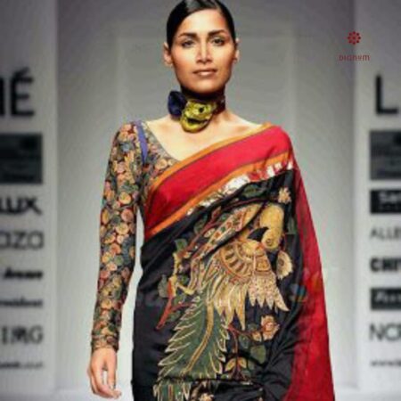 Latest Design Black Red Hand Painted Kalamkari Pure Silk Saree