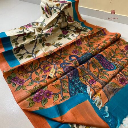 Latest Design Off-White Hand Painted Kalamkari Pure Silk Saree