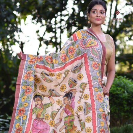 Latest Design White Pink Hand Painted Kalamkari Pure Silk Saree