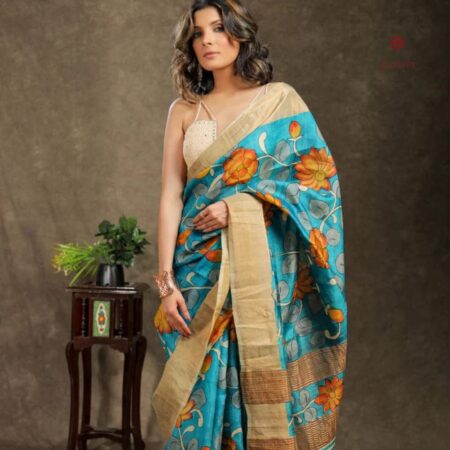 Latest Design Pastel Blue Hand Painted Kalamkari Tussar Silk Saree