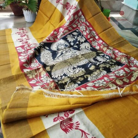 Latest Design Yellow Black Hand Painted Kalamkari Tussar Silk Saree