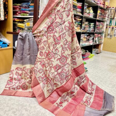 Latest Design Pastel Purple Hand Painted Kalamkari Tussar Silk Saree