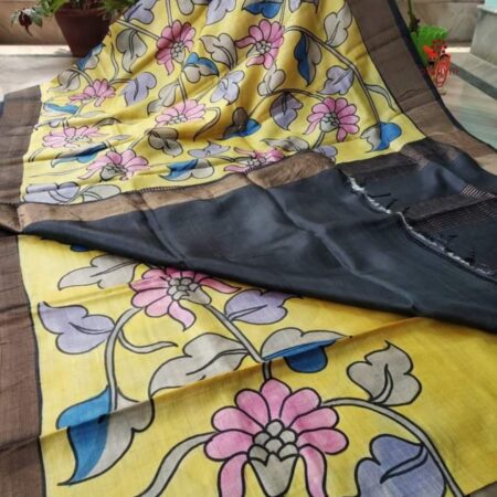 Latest Design Light Yellow Hand Painted Kalamkari Tussar Silk Saree