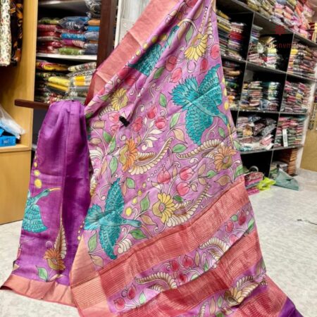 Latest Design Orchid Purple Hand Painted Kalamkari Tussar Silk Saree