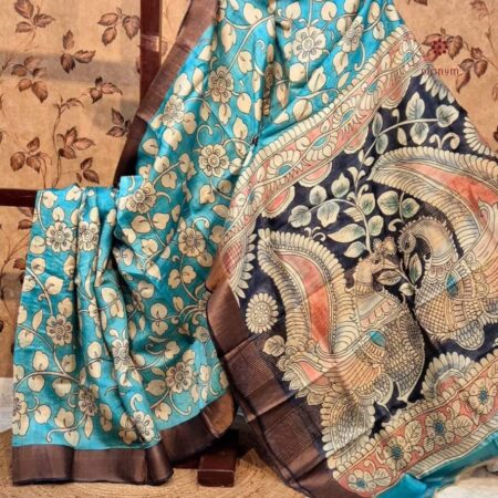 Latest Design Light Blue Hand Painted Kalamkari Tussar Silk Saree with Blouse