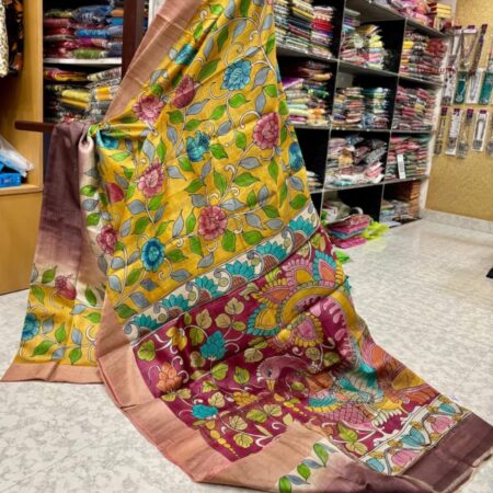 Latest Design Brown Hand Painted Kalamkari Tussar Silk Saree