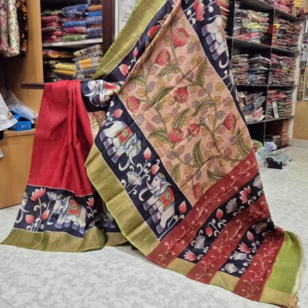 Latest Design Red Hand Painted Kalamkari Tussar Silk Saree