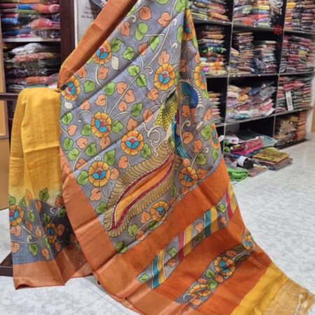 Latest Design Yellow Hand Painted Kalamkari Tussar Silk Saree