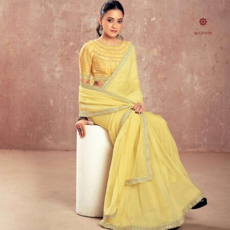 Latest Design Yellow Chiffon Aari Hand Work Saree