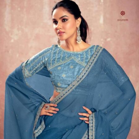 Latest Design Steel Blue Chiffon Aari Hand Work Saree