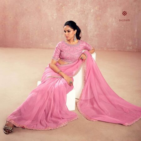 Latest Design Pink Chiffon Aari Hand Work Saree
