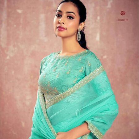 Latest Design Sea Green Chiffon Aari Hand Work Saree