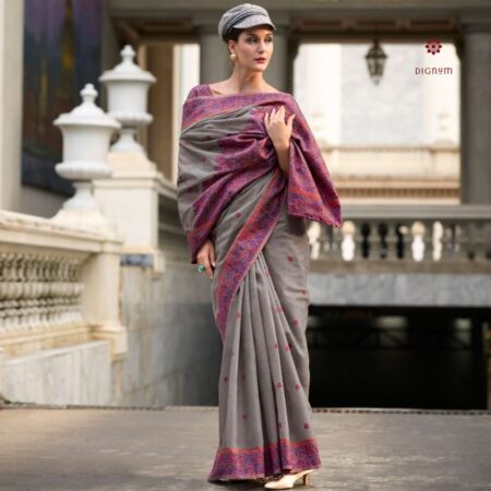 Latest Design Porpoise Grey Minakari Weaving Linen Saree