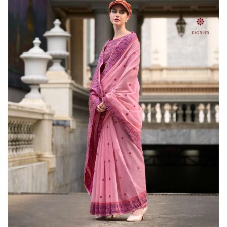 Latest Design Taffy Pink Minakari Weaving Linen Saree