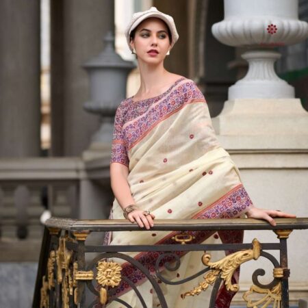 Latest Design Pearl White Minakari Weaving Linen Saree