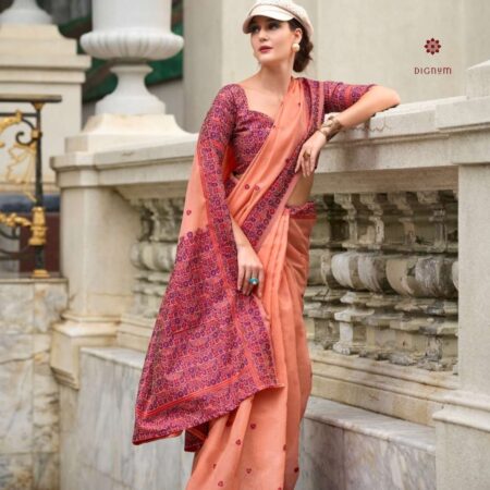 Latest Design Coral Peach Minakari Weaving Linen Saree