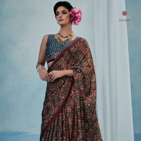 Latest Design Brown Stylish Ajrakh Printed Satin Saree
